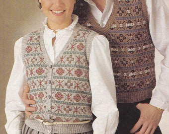 Fair Isle Waistcoat and Slipover Knitting Pattern PDF Ladies or Mens 32 - 33, 35 - 36, 39 - 40 and 43 - 44 inch chest, Gilet and Pullover