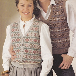 Fair Isle Waistcoat and Slipover Knitting Pattern PDF Ladies or Mens 32 - 33, 35 - 36, 39 - 40 and 43 - 44 inch chest, Gilet and Pullover