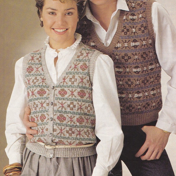 Fair Isle Waistcoat and Slipover Knitting Pattern PDF Ladies or Mens 32 - 33, 35 - 36, 39 - 40 and 43 - 44 inch chest, Gilet and Pullover