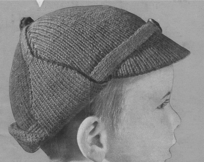 Deerstalker Hat Knitting Pattern PDF Boys or Girls 2 - 5 years, Peak Cap with Ear Flaps, Vintage Knitting Patterns for Children, Download