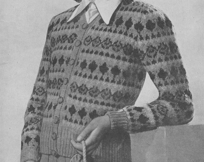 Girls Fair Isle V Neck Cardigan Knitting Pattern PDF Girls 28 - 29 inch chest, Vintage Fair Isle Knitting Patterns for Children