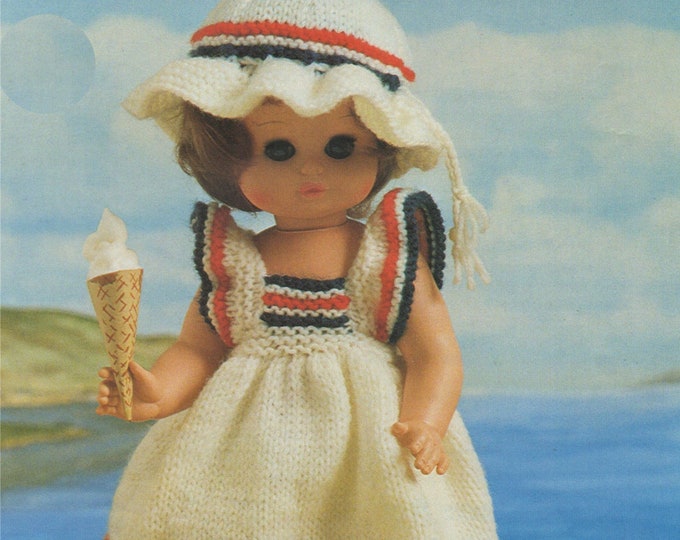 Dolls Clothes Knitting Pattern PDF for 9 - 10, 11 - 13 and 14 - 16 inch Baby Doll, Summer Dress and Hat, Vintage Knitting Patterns for Dolls