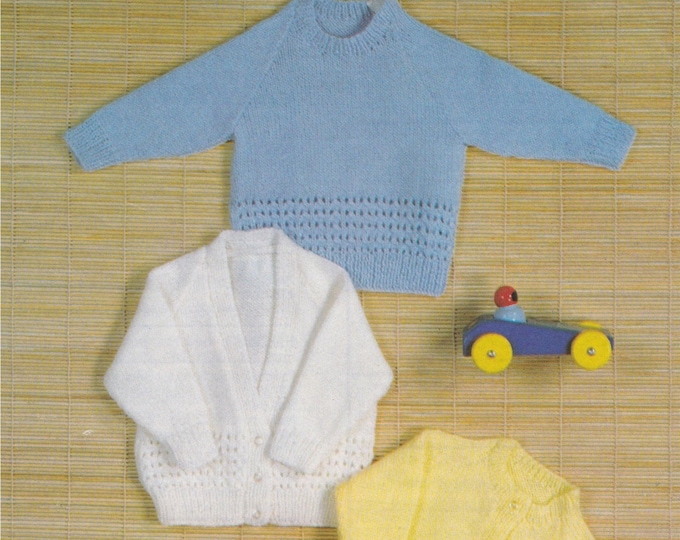 Babies Jumper and Round or V Neck Cardigan Knitting Pattern PDF Baby Boys or Girls 16, 17, 18 and 20 inch chest, Vintage Patterns for Baby