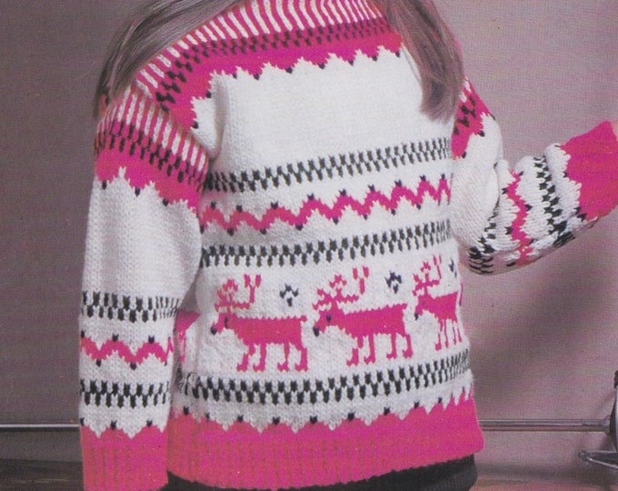 Fair Isle Sweater and Hat Knitting Pattern PDF Boys or Girls 24 - 26 inch chest, Reindeer, Moose, Vintage Knit Patterns for Children
