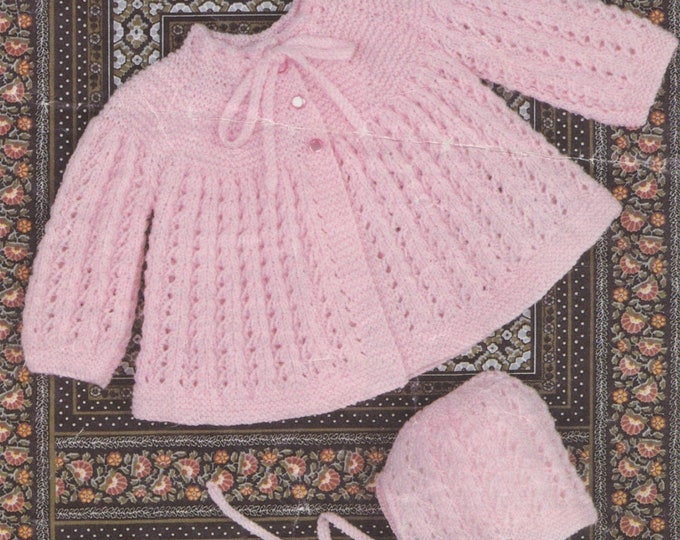 Babies Matinee Coat & Bonnet Knitting Pattern PDF Baby Girls or Boys 18, 19, 20 inch chest, Babys Jacket, Vintage Knitting Patterns for Baby