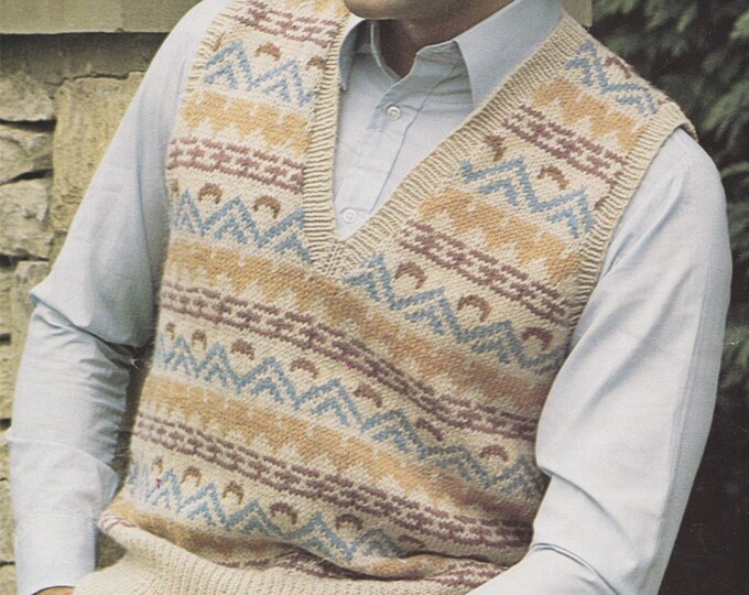 Fair Isle Slipover Knitting Pattern PDF Mens and Boys Fair Isle Pullover, Sleeveless Sweater, Vintage Fair Isle Knitting Patterns for Men