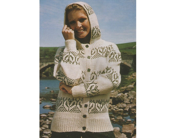 Womens Hooded Cardigan Knitting Pattern PDF Ladies 32 - 34 and 36 - 38 inch chest, Fair Isle Jacket, Vintage Knitting Patterns for Women