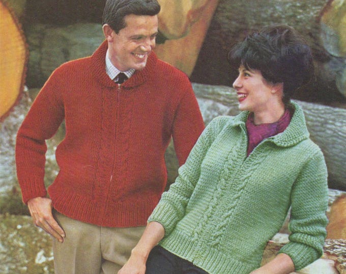 Aran Jacket Knitting Pattern PDF Womens and Mens 34, 36, 38, 40, 42 & 44 inch chest, Zipped Cardigan, Vintage Knitting Patterns His and Hers