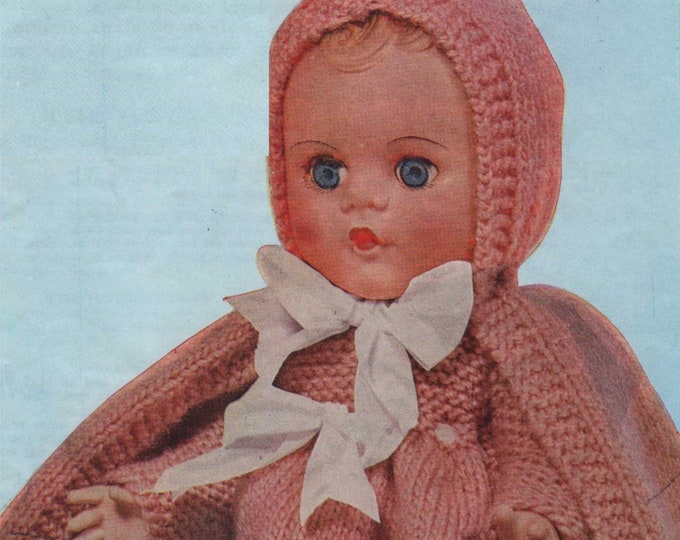 Dolls Clothes Knitting Pattern PDF for 12, 14 and 16 inch high baby dolls, Dress, Hooded Cape, Pants and Bootees, Vintage Patterns for Dolls