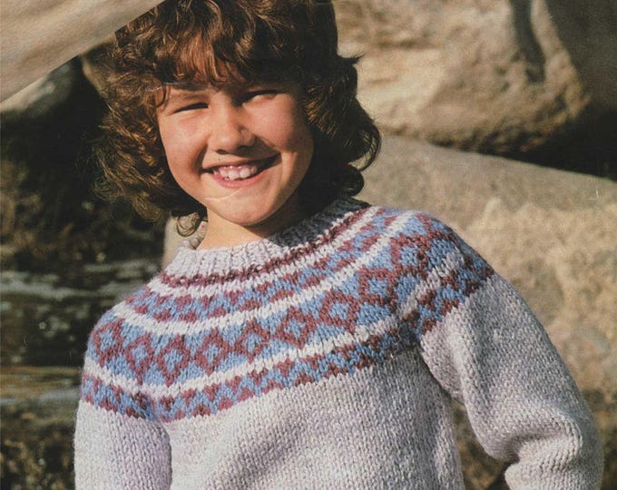 Fair Isle Yoke Sweater Knitting Pattern PDF Boys or Girls 26, 28, 30 and 32 inch chest, Jumper, Vintage Knitting Patterns for Children