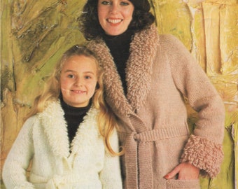 Belted Aran Jacket with Loop Stitch Collar & Cuffs Knitting Pattern PDF Womens or Girls 24, 26, 28, 30, 32, 34, 36, 38, 40, 42, 44 inch bust