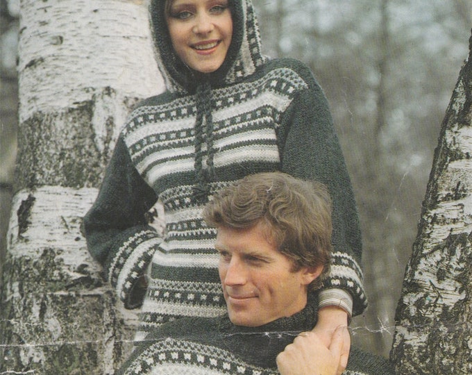 Fair Isle Hoodie and Polo Neck Sweater Knitting Pattern PDF Womens or Mens 32, 34, 36, 38, 40, 42 and 44 inch chest, Hooded Fair Isle Jumper