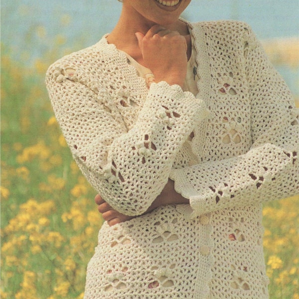 Printable Cardigan Crochet Pattern PDF Ladies Small, Meduim and Large, Long or Short Summer Cardigan, Vintage Crochet Patterns for Women