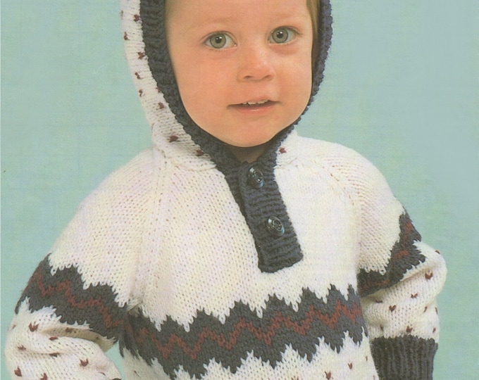 Babies Fair Isle Hoodie Sweater Knitting Pattern PDF Baby - Toddlers Boys or Girls 18, 20, 22 inch chest, Hooded Fair Isle Jumper, Download