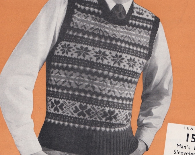 Mens Fair Isle Pullover Knitting Pattern PDF Mans 36 - 38 inch chest, Slipover, 3 ply Yarn, Vintage Fair Isle Knitting Patterns for Men
