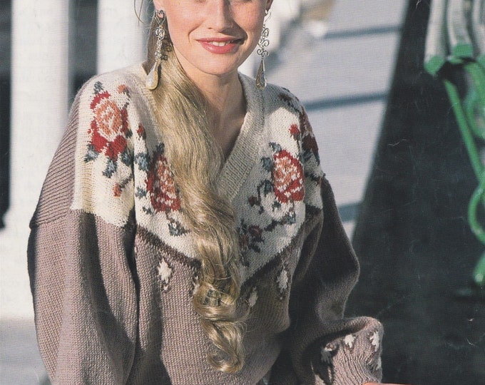 Ladies V Neck Sweater with Fair Isle Roses Knitting Pattern PDF 32 - 34, 36 - 38 and 40 - 42 inch bust, Vintage Knitting Patterns for Women