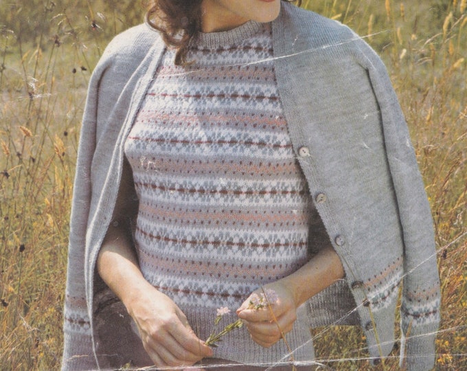Womens Fair Isle Twin Set Knitting Pattern PDF Ladies 32, 34, 36 and 38 inch bust, Fair Isle Short Sleeved Sweater and Cardigan
