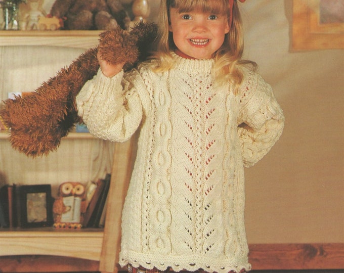 Girls Aran Tunic Sweater Knitting Pattern PDF Toddlers and Childrens 20, 22 - 24, 26 & 28 - 30 inch chest, Vintage Aran Knitting Patterns