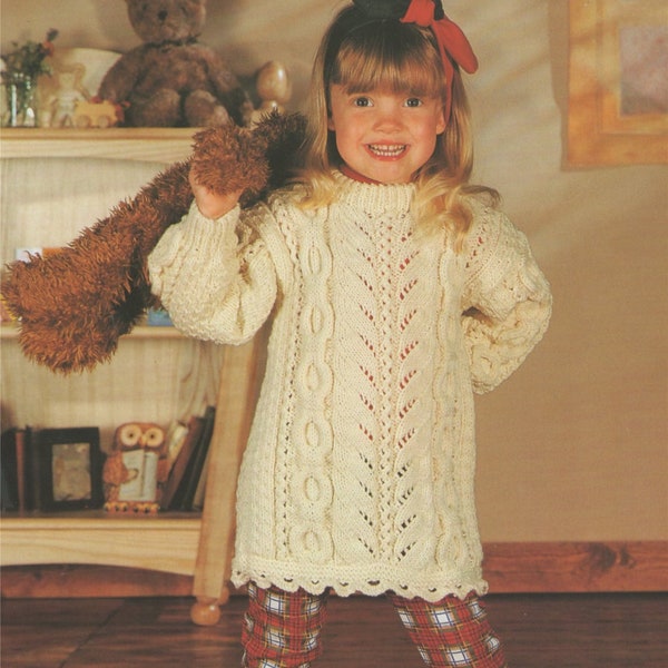 Girls Aran Tunic Sweater Knitting Pattern PDF Toddlers and Childrens 20, 22 - 24, 26 & 28 - 30 inch chest, Vintage Aran Knitting Patterns