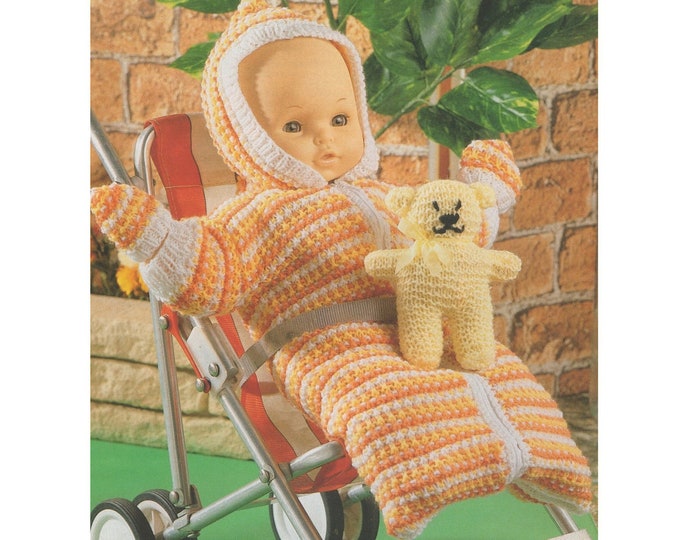 Dolls Clothes Knitting Pattern PDF for 16, 20 and 24 inch Doll, Baby Dolls Outfit Pattern Sleeping Bag, Mitts and Toy Teddy, pdf Download