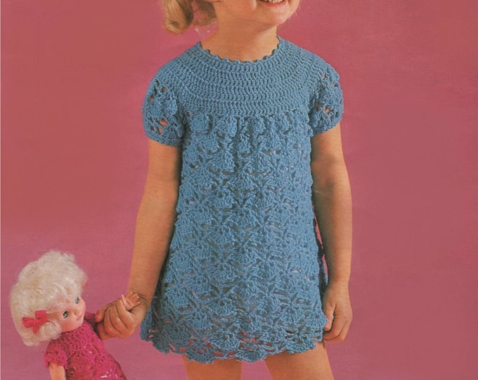 Girls and Dolls Dress Crochet Pattern PDF Girl's 22, 24, 26 and 28 inch chest, 12 inch Doll, Vintage Crochet Patterns for Children, Download