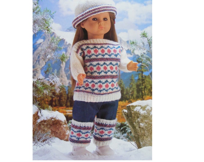 Dolls Clothes Knitting Pattern PDF for 16, 20 and 24 inch Doll, Fair Isle Sweater, Hat and Legwarmers, American Girl, Walker Dolls, Download