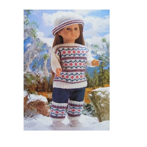Dolls Clothes Knitting Pattern PDF for 16, 20 and 24 inch Doll, Fair Isle Sweater, Hat and Legwarmers, American Girl, Walker Dolls, Download