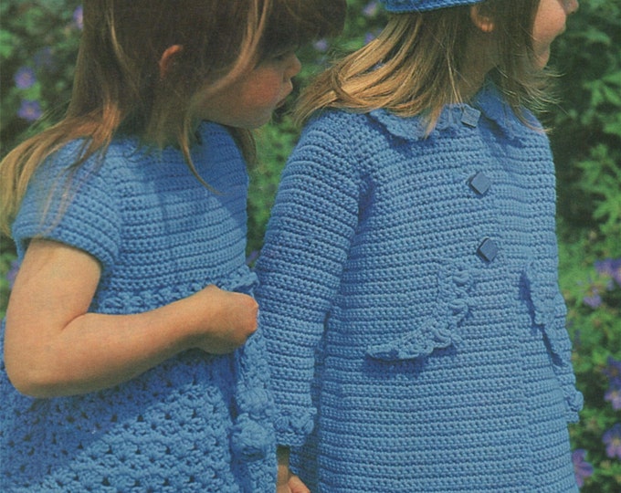 Girls Dress, Coat and Hat Crochet Pattern PDF Childrens 22, 24, 26 and 28 inch chest, Vintage Crochet Patterns for Children, Download