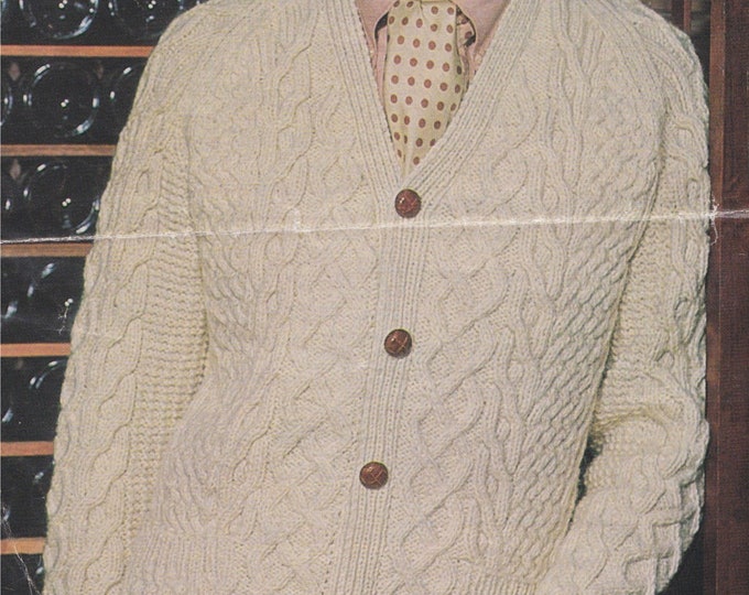Mens Aran Cardigan Knitting Pattern PDF 38, 40, 42, 44, 46 & 48 inch chest, Traditional Irish Design, Vintage Aran Knitting Patterns for Men