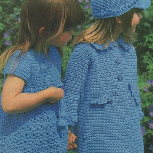 Girls Dress, Coat and Hat Crochet Pattern PDF Childrens 22, 24, 26 and 28 inch chest, Vintage Crochet Patterns for Children, Download