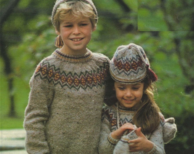 Childrens Fair Isle Yoke Sweater with Hat and Mittens Knitting Pattern PDF Boys or Girls 22, 24, 26, 28 and 30 inch chest, Jumper, Download