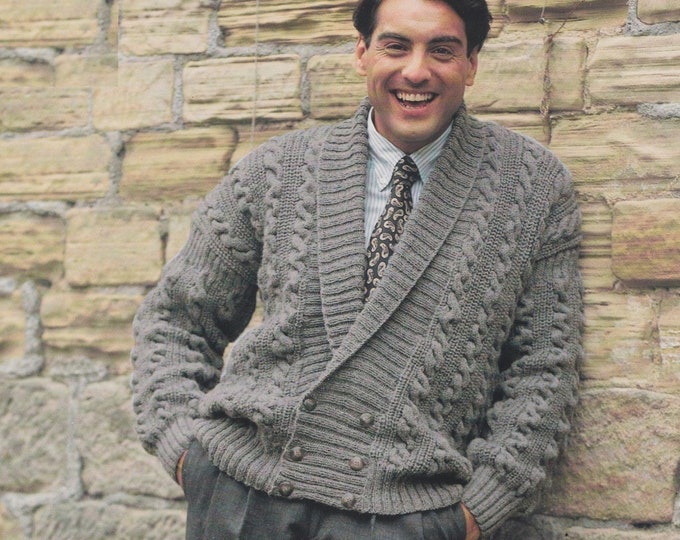 Patterned Cable Jacket Knitting Pattern PDF Mens 36 - 38, 40 - 42 and 44 - 46 inch chest, Double Breasted, Vintage Knit Patterns for Men