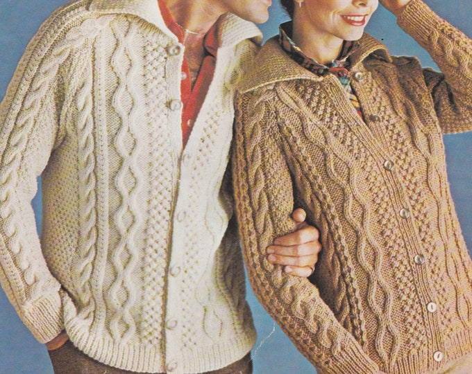 His and Hers Aran Cardigan Knitting Pattern PDF Ladies or Mens 34, 36, 38, 40, 42 & 44 inch chest, Vintage Aran Knitting Patterns, Download