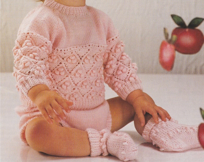 Babies Sweater, Pants and Bootees Knitting Pattern PDF Baby Girls or Boys 18 & 20 inch chest, Jumper, Booties, 4 ply Yarn, Vintage Patterns