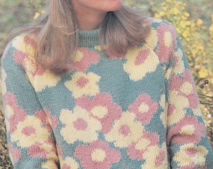 Flower Motif Sweater and Hat Knitting Pattern PDF Ladies 32, 34, 36, 38, 40 inch bust, DK 8 ply Yarn, Vintage Knit Patterns for Women