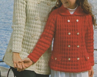 Womens and Girls Aran Jacket Knitting Pattern PDF Ladies and Girls 26, 28, 30, 32, 34 and 36 inch chest, Patterned Short Coat, PDF Download
