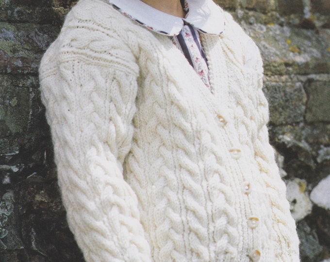 Girls Aran V Neck Cardigan Knitting Pattern PDF with Cable Stitch Pattern, 22, 24, 26, 28 and 30 inch chest, 10 ply Yarn, epattern Download