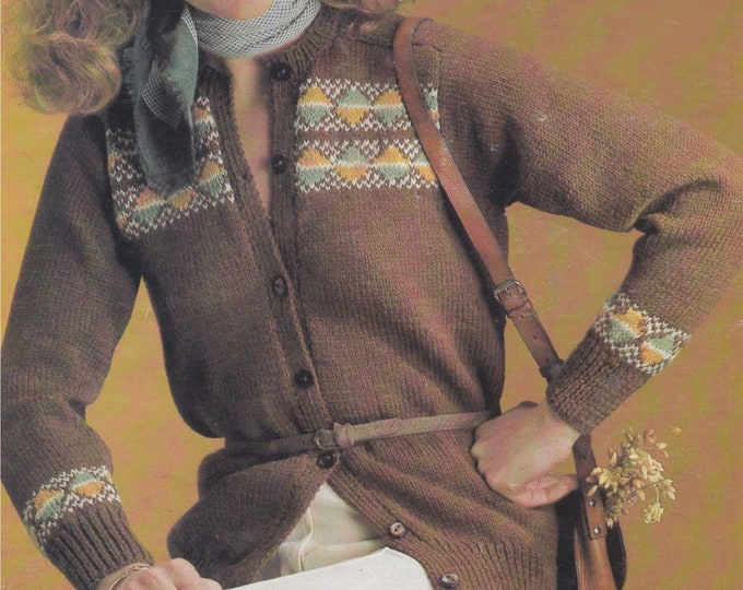 Womens Fair Isle Cardigan Knitting Pattern PDF Ladies 32, 34, 36 and 38 inch bust, DK Yarn, Vintage Knitting Patterns for Women