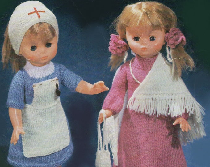 Dolls Clothes Knitting Pattern PDF for 18 inch Doll, Nurse Outfit and Party Dress Evening Wear, Vintage Knitting Patterns for Dolls