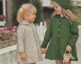 Girls Coat and Hat Knitting Pattern PDF Childrens 22, 23 and 24 inch chest, Hooded Winter Coat, Vintage Knitting Patterns for Children
