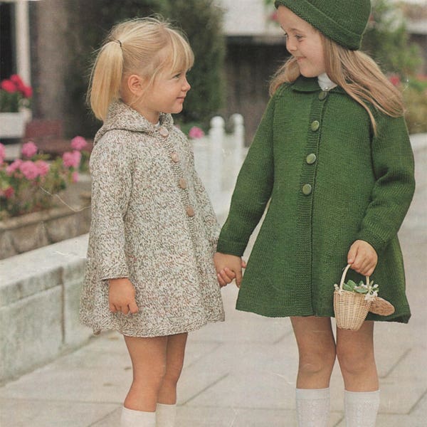 Girls Coat and Hat Knitting Pattern PDF Childrens 22, 23 and 24 inch chest, Hooded Winter Coat, Vintage Knitting Patterns for Children