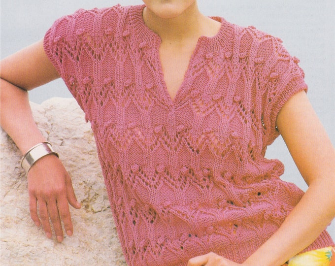 Womens Lacy Sweater Top Knitting Pattern PDF Ladies 30 - 32 and 34 - 36 inch bust, Sleeveless Lace Top, Cotton DK 8 ply Yarn, Knit Patterns