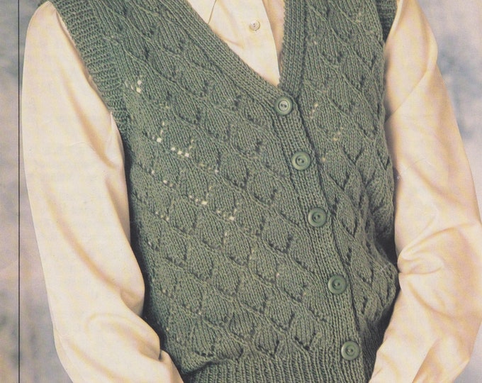 Lacy V Neck Waistcoat Knitting Pattern PDF Ladies 32, 34, 36, 38, 40 and 42 inch bust, DK Wool, 8 ply Yarn, Vintage Knit Patterns for Women