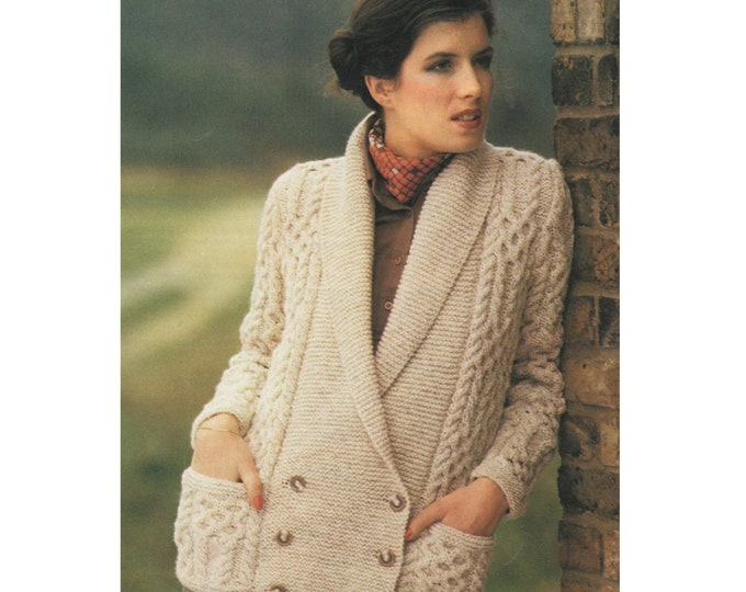Womens Aran Jacket Knitting Pattern PDF Ladies 32, 34, 36, 38 & 40 inch chest, Double Breasted Cardigan, Vintage Knitting Patterns for Women