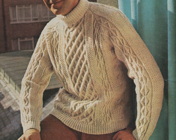 Mens Aran Sweater Knitting Pattern PDF Mans 36, 38, 40, 42, 44 and 46 inch chest, Aran Jumper, Vintage Knitting Patterns for Men, Download