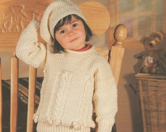 Girls Aran Sweater and Beret Knitting Pattern PDF Childrens 20, 22, 24, 26, 28 and 30 inch chest, Cable Patterned Jumper, epattern Download