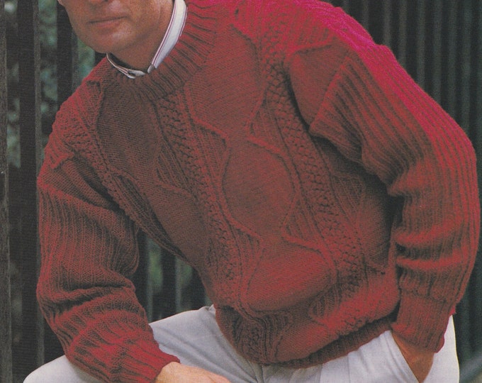 Mens Patterned Crew Neck Sweater / Jumper Knitting Pattern PDF Mans 38 - 40, 42, 44 and 46 inch chest, DK Yarn, Vintage Patterns for Men