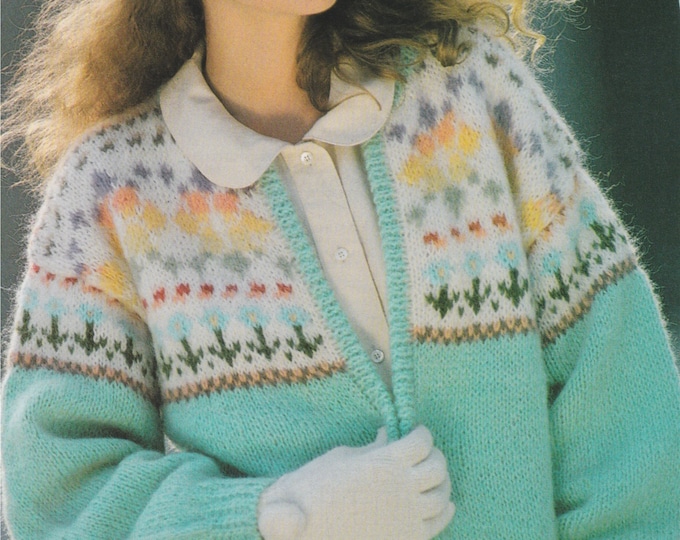 Womens Edge to Edge Fair Isle Cardigan Knitting Pattern PDF Ladies 32 - 34 and 36- 38 inch bust, Vintage Knitting Patterns for Women
