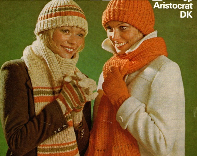 Womens Hat, Scarf and Gloves Knitting Pattern PDF Ladies Winter Accessories, Gloves in 2 sizes, Vintage Knitting Patterns for Women Download