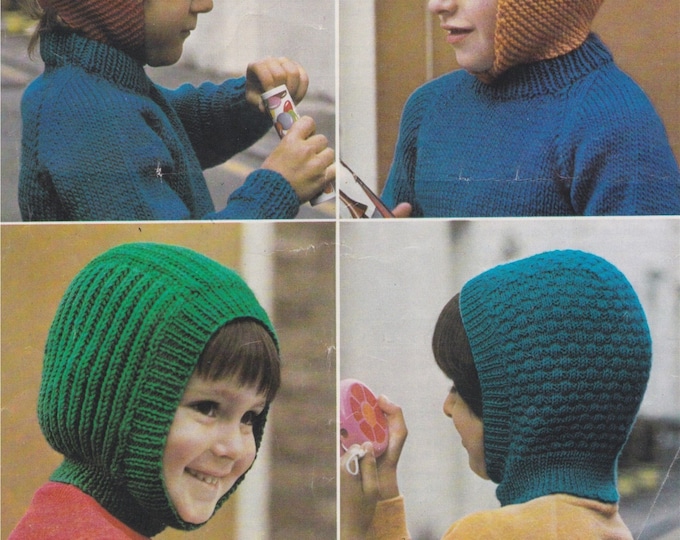 Childrens Helmets Hat Knitting Pattern PDF Boys or Girls Hat, Green and Tan Designs 4 - 5 years, Blue and Orange Designs 6 - 7 years